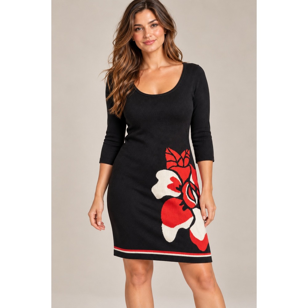 Sandra Darren Black Floral Knit Sweater Dress Scoop Neck 3/4 Sleeve Size M